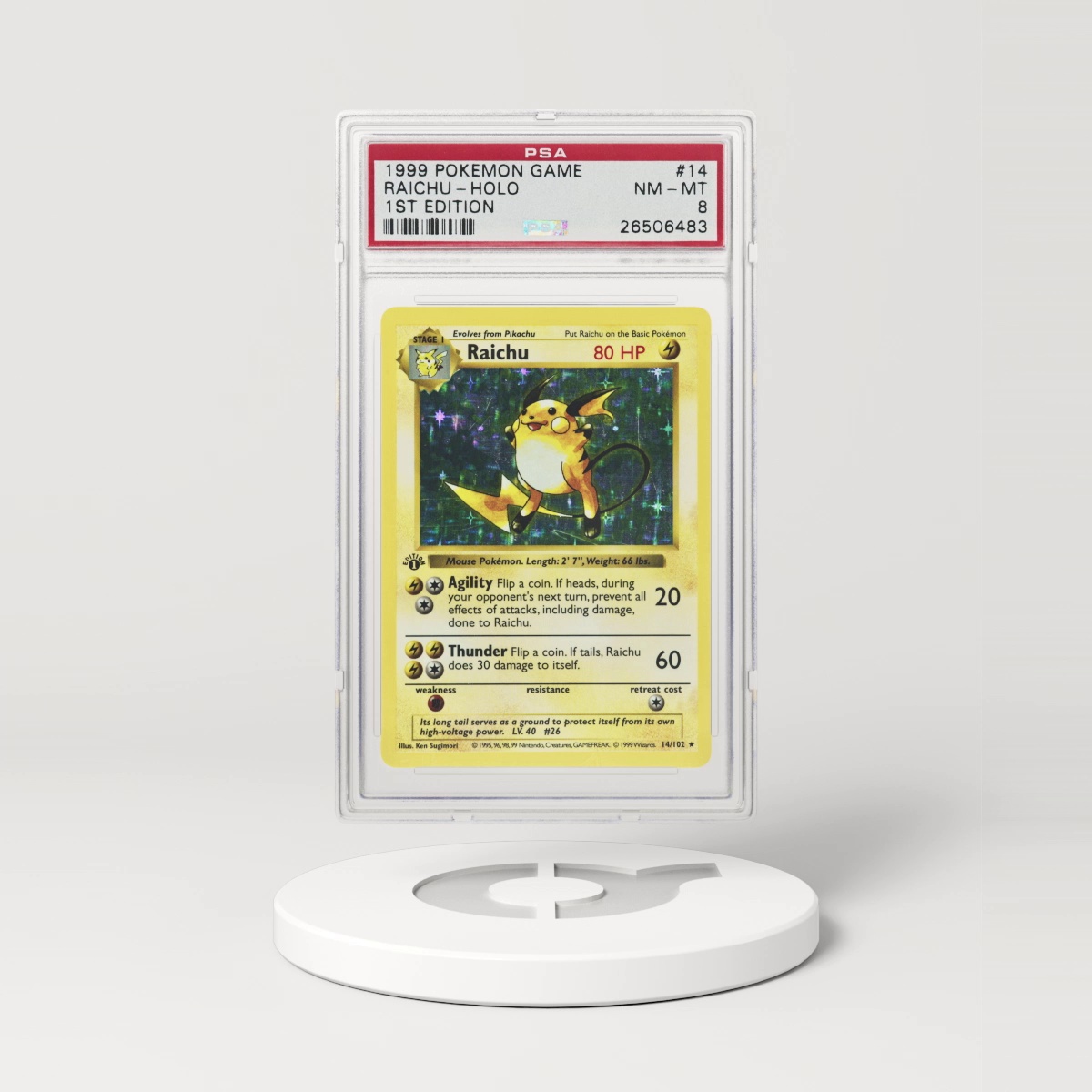 1999 Pokémon Base Set Shadowless 1st Edition Holo Raichu #14 (PSA 26506483)