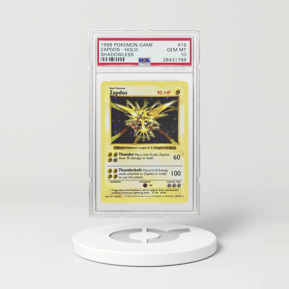 1999 Pokémon Base Set Shadowless Holo Zapdos #16 (PSA 28431799)