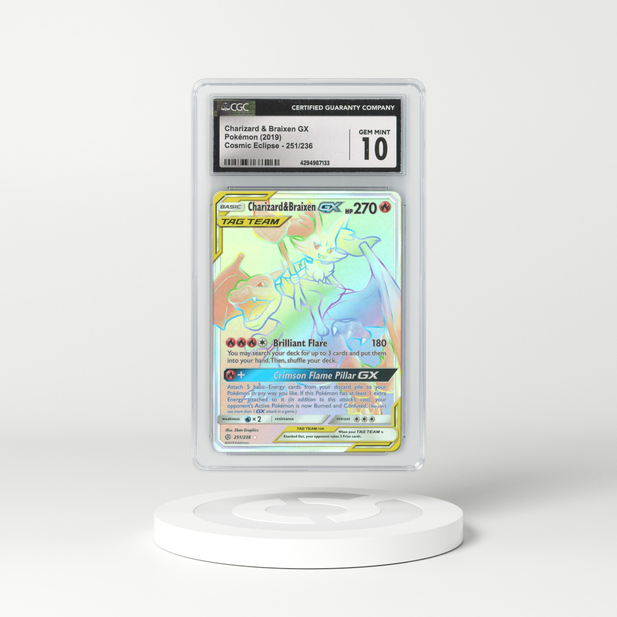2019 Cosmic Eclipse #251 Charizard & Braixen GX - Full Art Holo (CGC 10 GEM MINT)