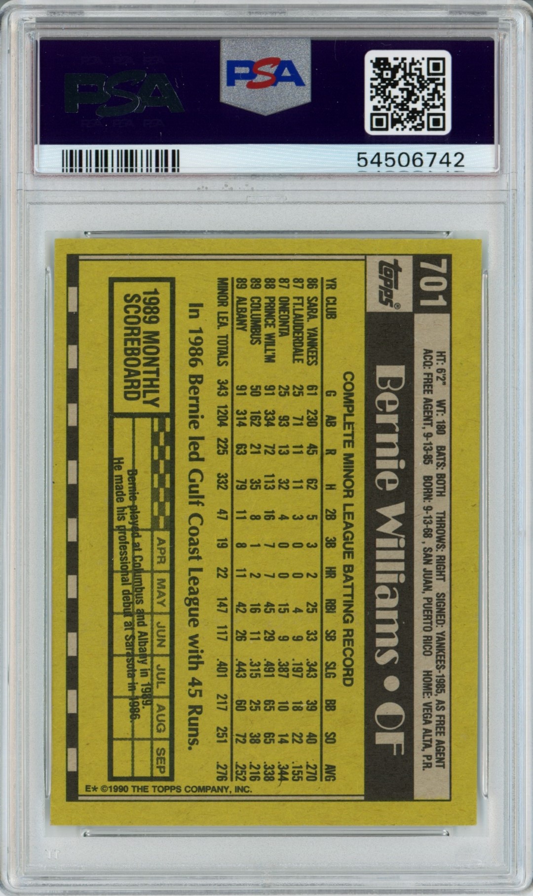 1990 Topps #701 Bernie Williams (PSA 8 NM-MT)