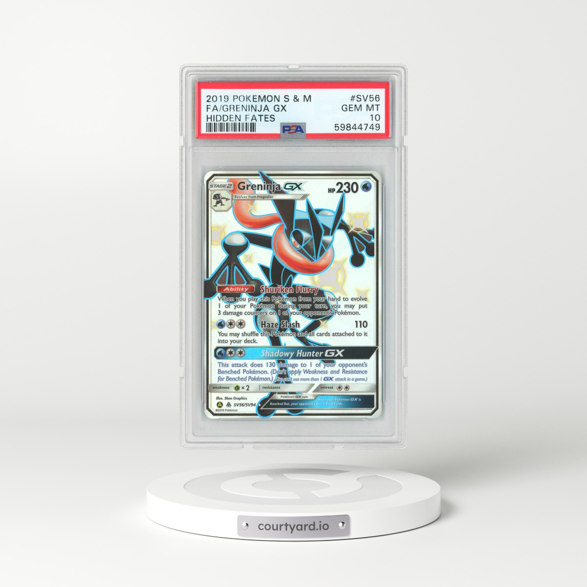 2019 Hidden Fates #SV56 Greninja GX - Full Art Holo (PSA 10 GEM MINT)