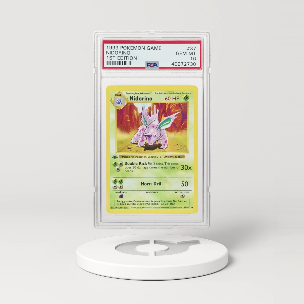 1999 Base Set #37 Nidorino - 1st Edition Shadowless (PSA 10 GEM MINT)