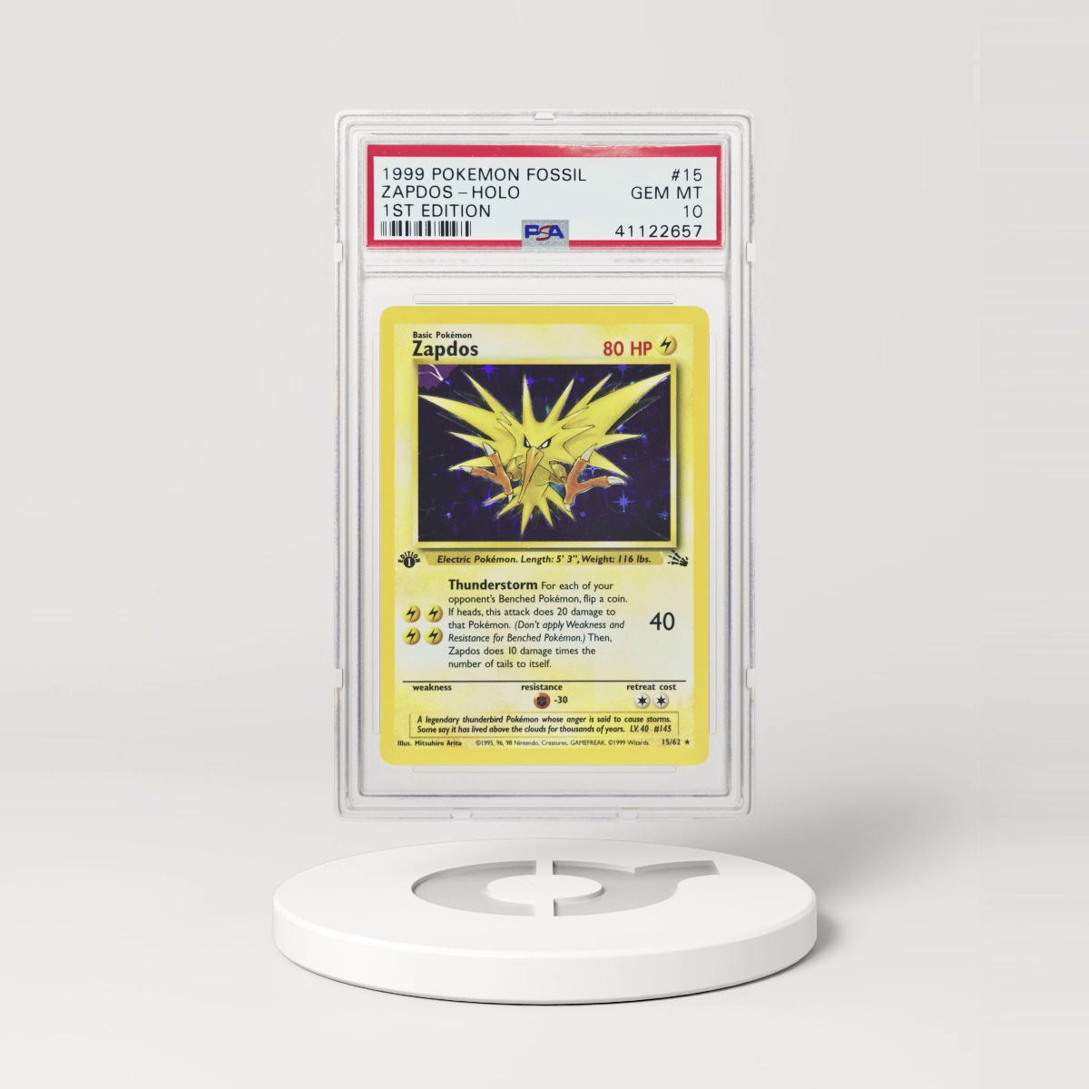 1999 Fossil #15 Zapdos - 1st Edition Holo (PSA 10 GEM MINT)