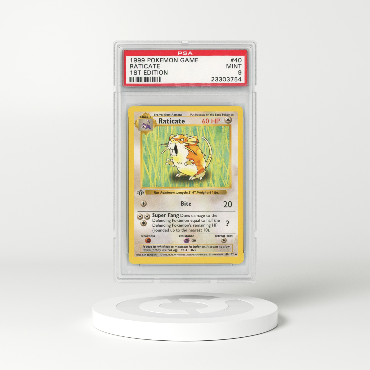 1999 Base Set #40 Raticate - 1st Edition Shadowless (PSA 9 MINT)