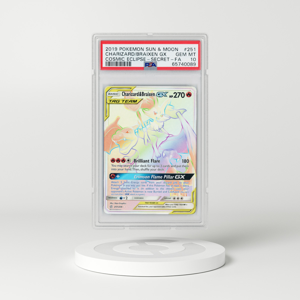 2019 Cosmic Eclipse #251 Charizard & Braixen GX - Full Art Holo (PSA 10 GEM MINT)