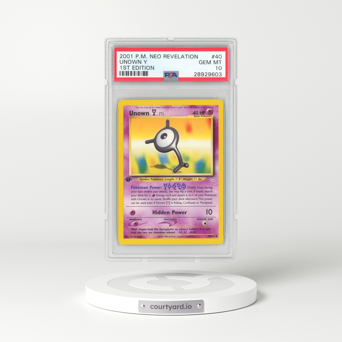 2001 Neo Revelation #40 Unown Y - 1st Edition (PSA 10 GEM MINT)