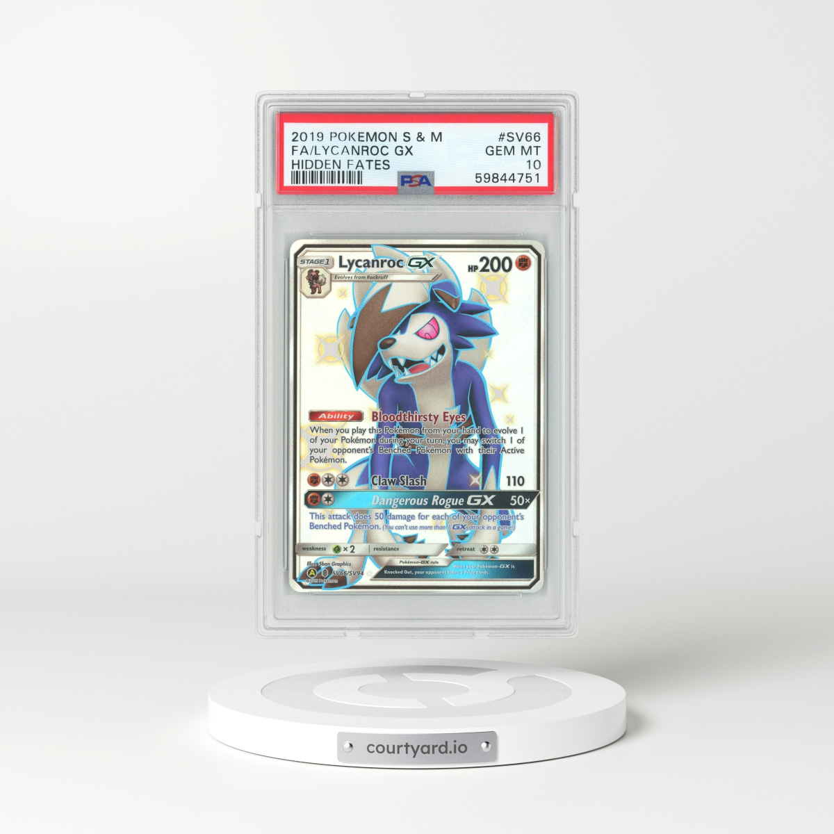 2019 Hidden Fates #SV66 Lycanroc GX - Full Art Holo (PSA 10 GEM MINT)
